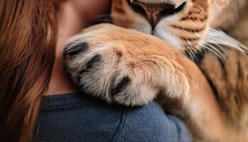A close-up view of a tiger's paw gently resting on a human shoulder, capturing an intimate moment between animal and human. photo