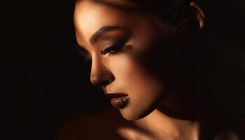 Close-up portrait of a woman with downcast eyes in dramatic lighting, casting soft shadows across her face for an artistic effect. photo