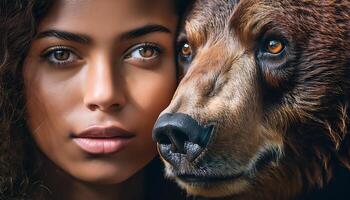 Close-up portrait of a woman and a bear standing side-by-side, highlighting their striking eyes and shared connection in nature. photo