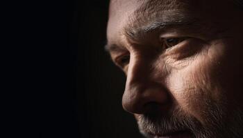 Detailed close-up of an elderly man's face in deep thought, highlighting wrinkles and expression, set against a dark background. photo