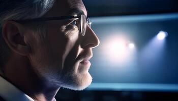 Close-up profile of a mature man with glasses, illuminated by soft lighting, conveying thoughtfulness and introspection. photo