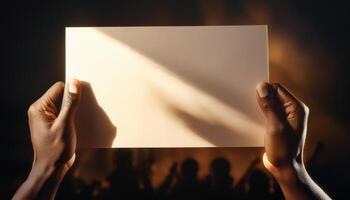 Two hands holding a blank card with dramatic lighting and shadow, creating a mysterious and contemplative atmosphere. photo