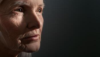 Detailed close-up of an elderly woman face with soft lighting, showcasing her wrinkles and contemplative expression against a dark background. photo