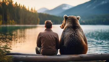 A man and a bear sit side by side on a log by a serene mountain lake, enjoying the peaceful natural surroundings together. photo