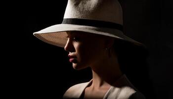 Side profile of a woman wearing a wide-brimmed hat, partially illuminated by dramatic lighting against a dark background. photo