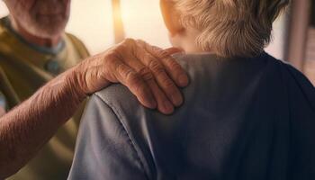Close-up of an elderly hand gently resting on another person's shoulder, conveying support, care, and compassion in warm light. photo