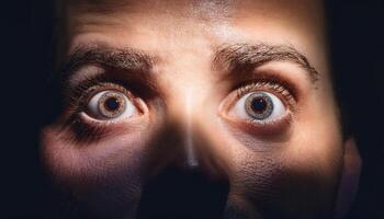 Intense close-up of a man's wide-open eyes expressing fear or surprise, with dramatic lighting creating shadows across his face. photo