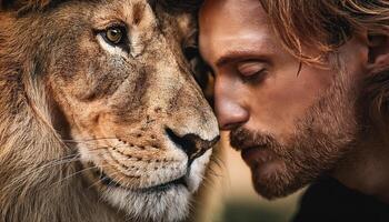 Close-up of a man with closed eyes gently touching foreheads with a lion, expressing a deep bond and mutual respect. photo