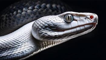 Close-up view of a white snake with a textured body and intense eye, showcasing its detailed scales in a dark setting. photo