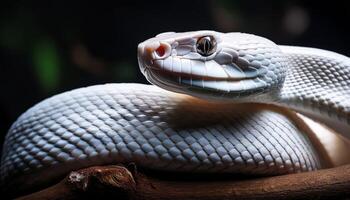 A white snake with detailed scales is coiled around a branch, highlighted against a dark, shadowy background, displaying a calm yet alert posture. photo