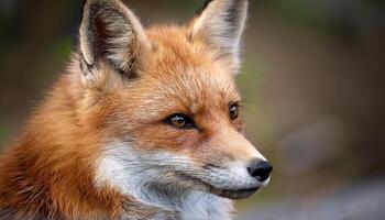 Intimate close-up portrait of a red fox with sharp eyes and alert expression, captured in its natural habitat with soft focus. photo