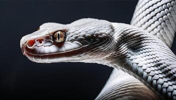 Macro photograph of a white snake, emphasizing its textured scales and piercing eyes, set against a dark background for contrast. photo