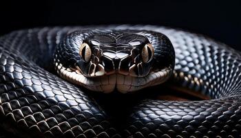 Macro photograph of a coiled black snake with an intense gaze, highlighting its glossy scales and piercing eyes against a dark background. photo
