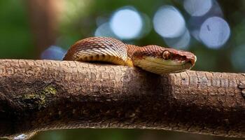A brown snake resting on a tree branch, blending with its natural surroundings, set against a blurred forest background. photo