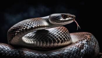 A close-up of a coiled snake in a defensive posture, showcasing its intricate scales and extended tongue against a dark background. photo