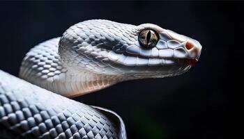 Detailed close-up of a white snake's head with textured scales and piercing eyes, set against a dark, moody background. photo