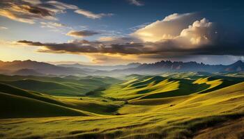 Sweeping view of rolling green hills under a dramatic sky with sunset light casting shadows and highlights across the landscape. photo