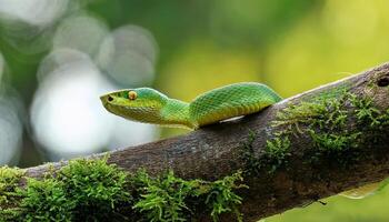 A vibrant green snake with piercing eyes lying on a moss-covered branch in a lush, blurred forest background. photo