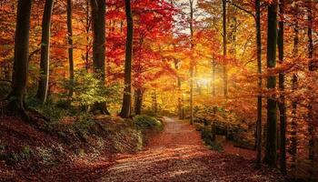 A serene forest path covered with fallen leaves, surrounded by vibrant autumn trees and illuminated by soft sunlight. photo