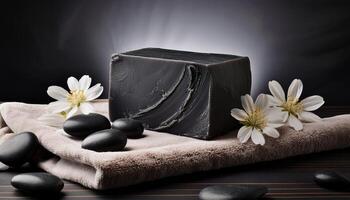 A dark charcoal soap bar on a beige towel, surrounded by white flowers and black spa stones, creating a relaxing atmosphere. photo