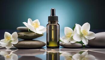 A glass dropper bottle of aromatherapy oil surrounded by stacked smooth stones and white flowers on a reflective surface with a blue gradient background. photo