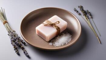 A bar of handmade soap tied with twine, displayed with sea salt and dried lavender sprigs on a rustic plate against a soft background. photo