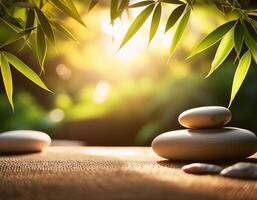 Stacked stones under bamboo leaves in a sunlit setting, creating a calm and tranquil Zen garden atmosphere. photo