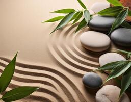 Minimalist composition of a Zen garden featuring smooth stones, green leaves, and raked sand patterns symbolizing peace and meditation. photo