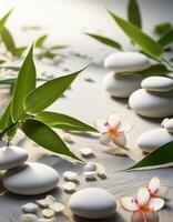 White stones with pink flowers, bamboo leaves, and scattered petals, creating a serene spa-like atmosphere with natural elements. photo
