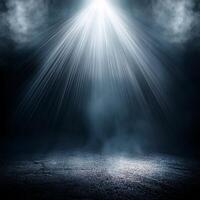 Intense spotlight beams shining down in a dark, foggy environment, creating a moody and mysterious atmosphere. photo