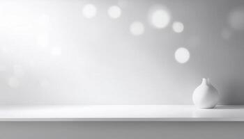 Simple white vase on a minimal shelf against a light gray background with soft bokeh circles, creating a serene atmosphere. photo