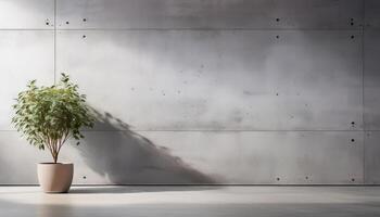 Potted green plant casting a shadow on a minimalistic, industrial-style concrete wall, emphasizing simplicity and modern decor. photo