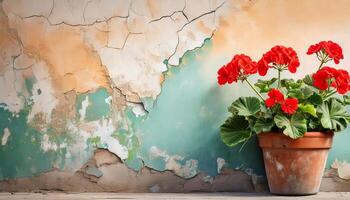 Potted red geraniums set against a distressed, colorful wall with cracked paint, creating a charming and rustic visual. photo