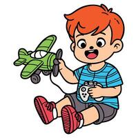 A cartoon boy playing with a toy plane vector