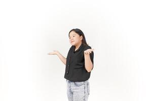 Beautiful Asian Woman doing i dont know gesture, confused and have no idea Isolated On White Background photo