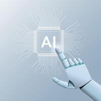 AI humanoid finger presses on a light white AI chip or processor, Future cybernetic artificial intelligence technology concept vector