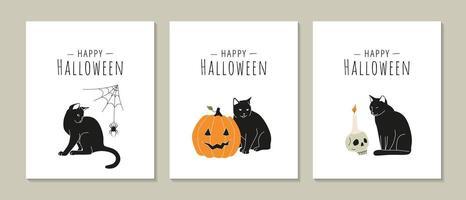 Set of Halloween greeting cards with black cat illustration, spider web, pumpkin lantern and scull. Cat with scary holiday decorations on white background vector