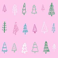 Seamless pattern with abstract hand drawn Christmas trees on pink background. Marker doodle sketch of different colorful trees. Illustration for web or print vector