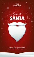 Secret Santa vertical flyer design concept with white beard and snowflakes on red background vector