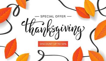 Thanksgiving day special offer banner design with beautiful lettering abstract lines and leaves on white background vector