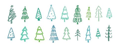 Hand drawn Christmas trees collection. Marker style sketch of pine. Illustration of trees in different shapes isolated on white background vector