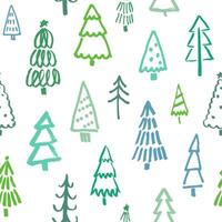 Christmas tree pattern with hand drawn doodle pine trees on white background. Marker drawing. Festive illustration for winter holidays, wrapping paper and more vector