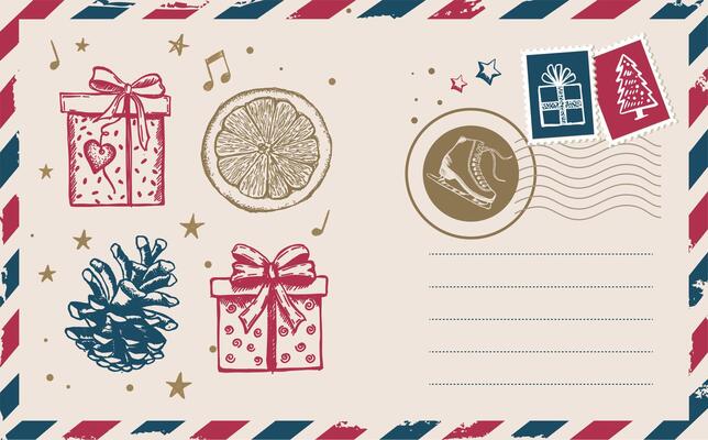 Christmas mail, postcard, hand drawn illustration.
