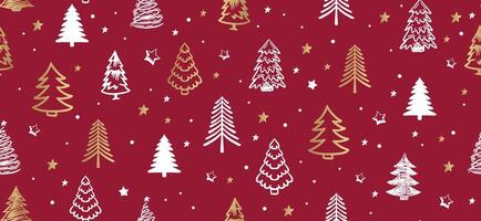 Christmas tree pattern on red background, Hand drawn illustrations. vector