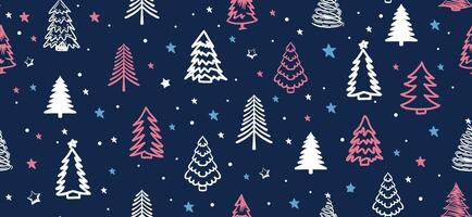 Christmas pink and white tree, pattern on blue background, Hand drawn illustrations. vector