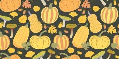 fall seamless pattern with yellow pumpkins on black background vector