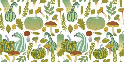 fall seamless pattern with green pumpkins and mushrooms on white background vector