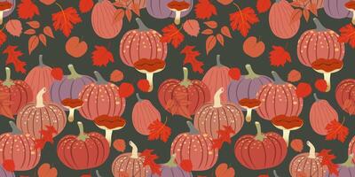 fall seamless pattern with red pumpkins on black background vector