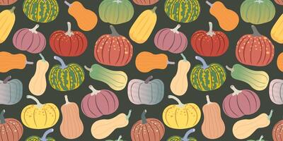 fall seamless pattern with deferent pumpkins on black background vector