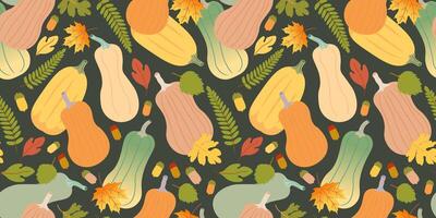 fall seamless pattern with colored pumpkins and leaves on black background vector